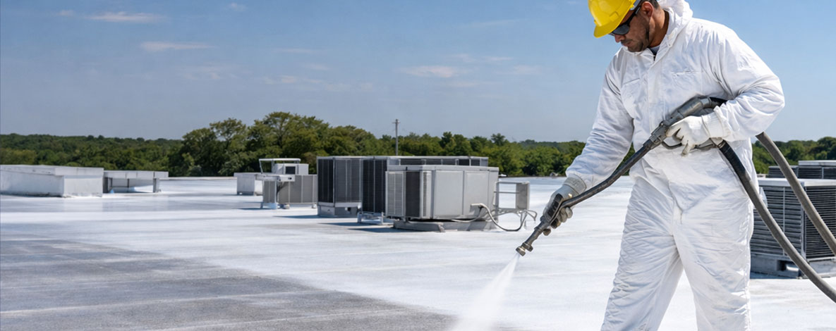 Contractor spraying reflective elastomeric roof coating